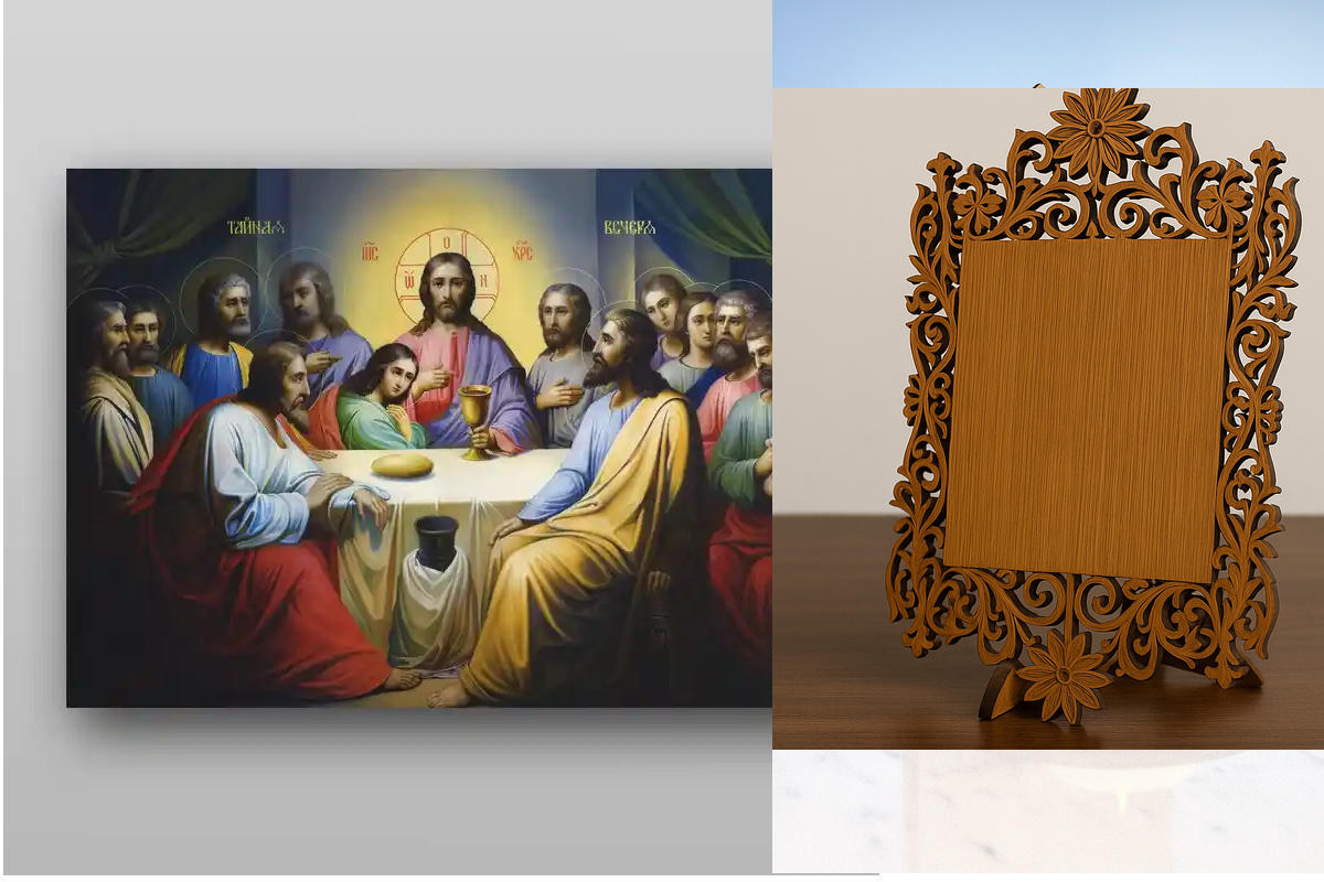 Εικόνα Ορθοδοξίας Δαντέλα μαζι με  Βάση σε  8 χρώματα με περίγραμμα χρυσό σε ξύλο Plywood (Πλακάζ)   με  βάση The Last Supper - Χειροποίητη Ελληνορθόδοξη , Κρεμαστή πλάκα βυζαντινής τέχνης, χριστιανική τέχνη Διάσταση 50x40 cm (19,7 x 15,8 ίντσες) INTRAEKk