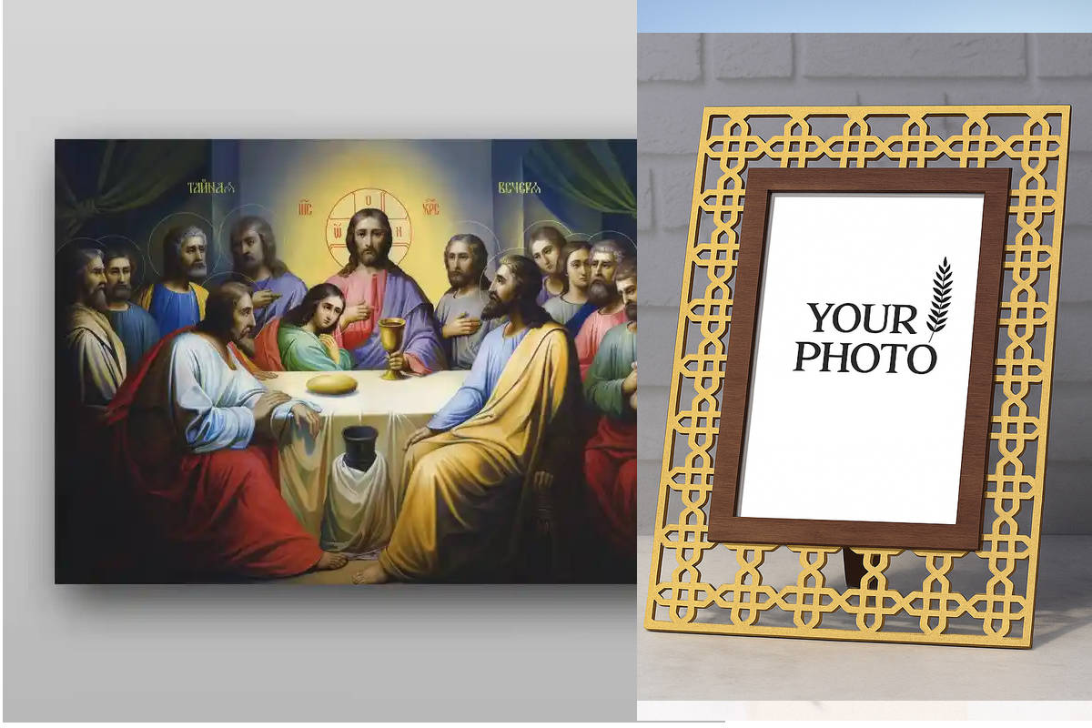 Σετ 2 τεμαχίων – Εικόνα Ορθοδοξίας Πολυτελείας  με  σχεδιο Σταυρούς μαζι με  Βάση σε  8 χρώματα με περίγραμμα χρυσό σε ξύλο Plywood (Πλακάζ)   με  βάση The Last Supper - Χειροποίητη Ελληνορθόδοξη , Κρεμαστή πλάκα βυζαντινής τέχνης, χριστιανική τέχνη Διάστ