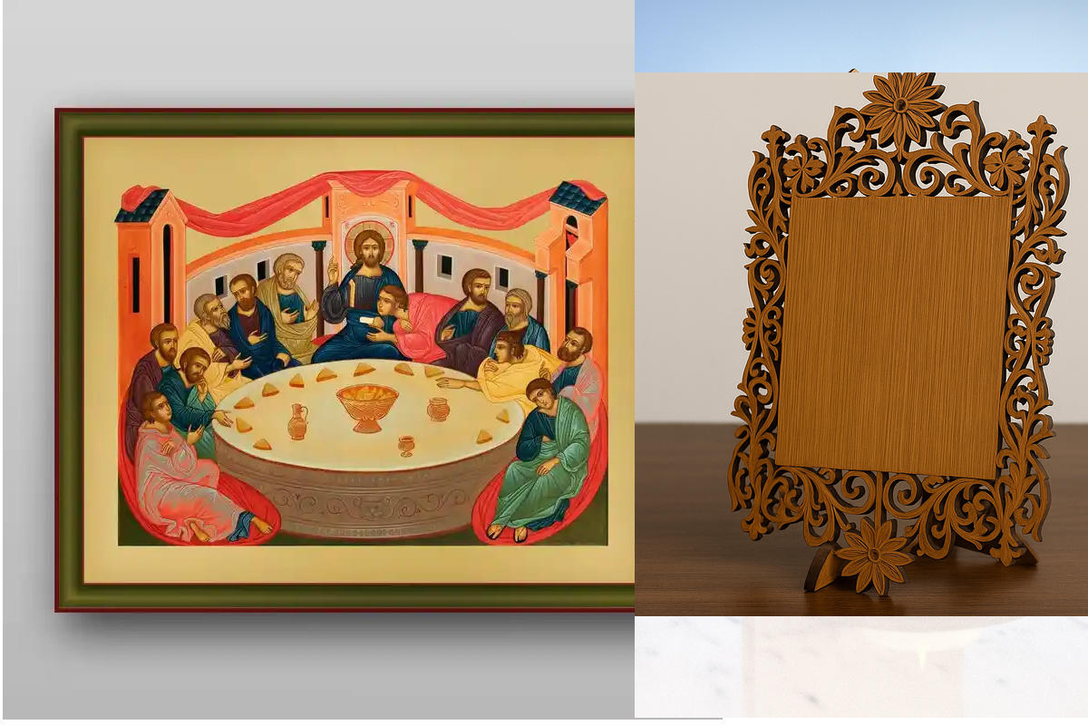 Εικόνα Ορθοδοξίας Δαντέλα μαζι με  Βάση σε  8 χρώματα με περίγραμμα χρυσό σε ξύλο Plywood (Πλακάζ)   με  βάση The Last Supper - Χειροποίητη Ελληνορθόδοξη , Κρεμαστή πλάκα βυζαντινής τέχνης, χριστιανική τέχνη Διάσταση 10x7 cm (3,9 x 2,8 ίντσες) INTRAEKkadr