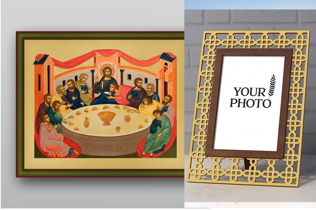 Εικόνα Ορθοδοξίας Πολυτελείας  με  σχεδιο Σταυρούς μαζι με  Βάση σε  8 χρώματα με περίγραμμα χρυσό σε ξύλο Plywood (Πλακάζ)   με  βάση The Last Supper - Χειροποίητη Ελληνορθόδοξη , Κρεμαστή πλάκα βυζαντινής τέχνης, χριστιανική τέχνη Διάσταση 10x7 cm (3,9