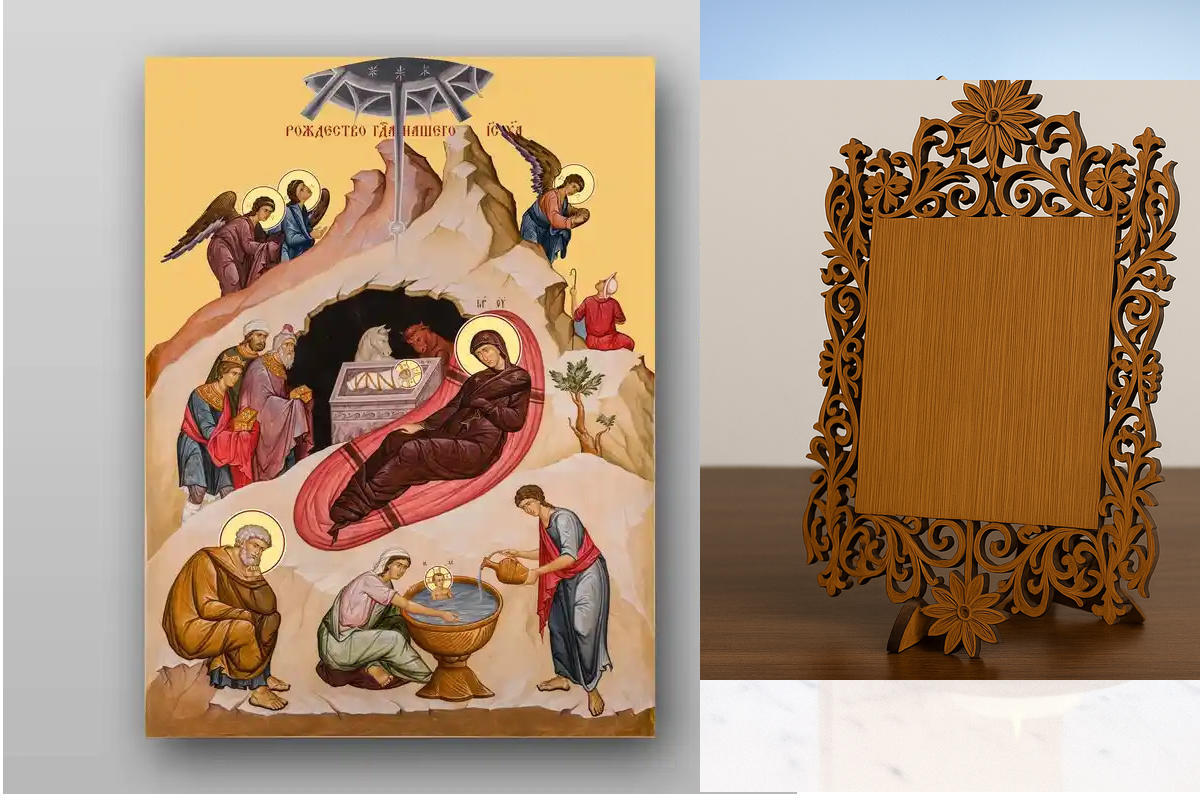 Εικόνα Ορθοδοξίας Δαντέλα μαζι με  Βάση σε  8 χρώματα με περίγραμμα χρυσό σε ξύλο Plywood (Πλακάζ)   με  βάση Εικόνα της Γέννησης του Χριστού - Χειροποίητη Ελληνορθόδοξη , Κρεμαστή πλάκα βυζαντινής τέχνης, χριστιανική τέχνη Διάσταση 50x40 cm (19,7 x 15,8
