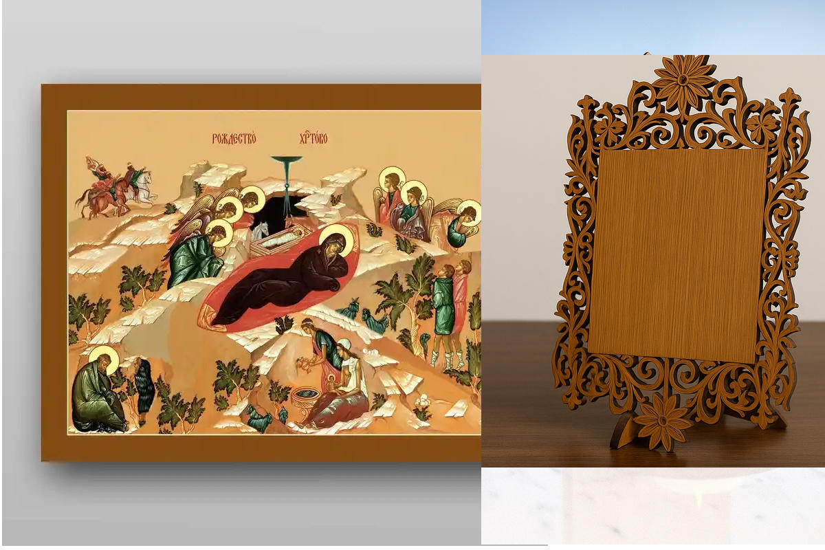 Σετ 2 τεμαχίων – Εικόνα Ορθοδοξίας Δαντέλα μαζι με  Βάση σε  8 χρώματα με περίγραμμα χρυσό σε ξύλο Plywood (Πλακάζ)   με  βάση Εικόνα της Γέννησης του Χριστού - Χειροποίητη Ελληνορθόδοξη , Κρεμαστή πλάκα βυζαντινής τέχνης, χριστιανική τέχνη Διάσταση 21x15