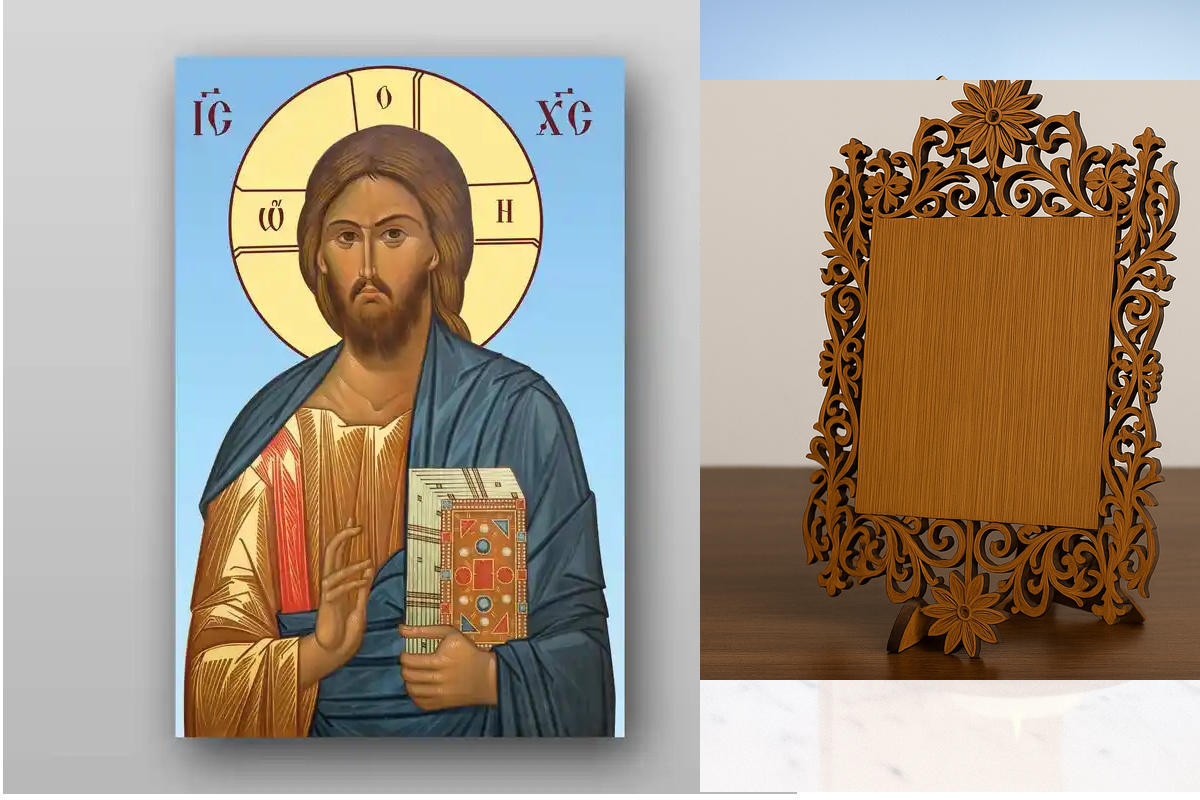 Εικόνα Ορθοδοξίας Δαντέλα μαζι με  Βάση σε  8 χρώματα με περίγραμμα χρυσό σε ξύλο Plywood (Πλακάζ)   με  βάση Εικόνα του Ιησού Χριστού - Χειροποίητη Ελληνορθόδοξη , Κρεμαστή πλάκα βυζαντινής τέχνης, χριστιανική τέχνη Διάσταση 40x30 cm (15,8 x 11,8 ίντσες)