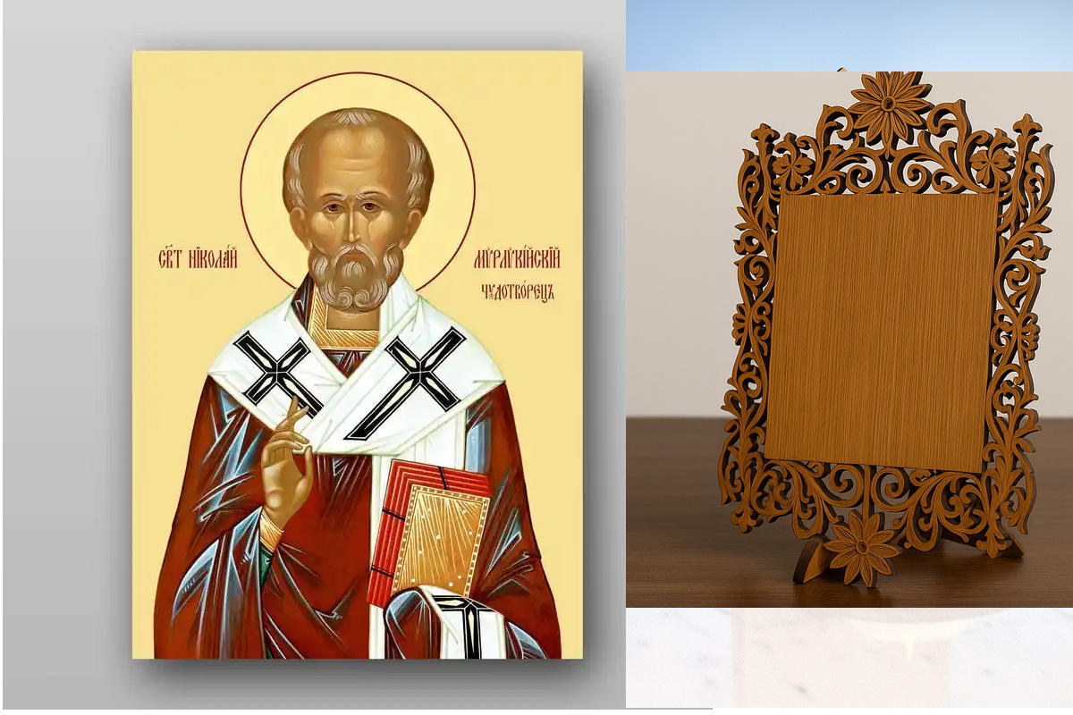 Εικόνα Ορθοδοξίας Δαντέλα μαζι με  Βάση σε  8 χρώματα με περίγραμμα χρυσό σε ξύλο Plywood (Πλακάζ)   με  βάση Εικόνα του Αγίου Νικολάου - Χειροποίητη Ελληνορθόδοξη , Κρεμαστή πλάκα βυζαντινής τέχνης, χριστιανική τέχνη Διάσταση 50x40 cm (19,7 x 15,8 ίντσες