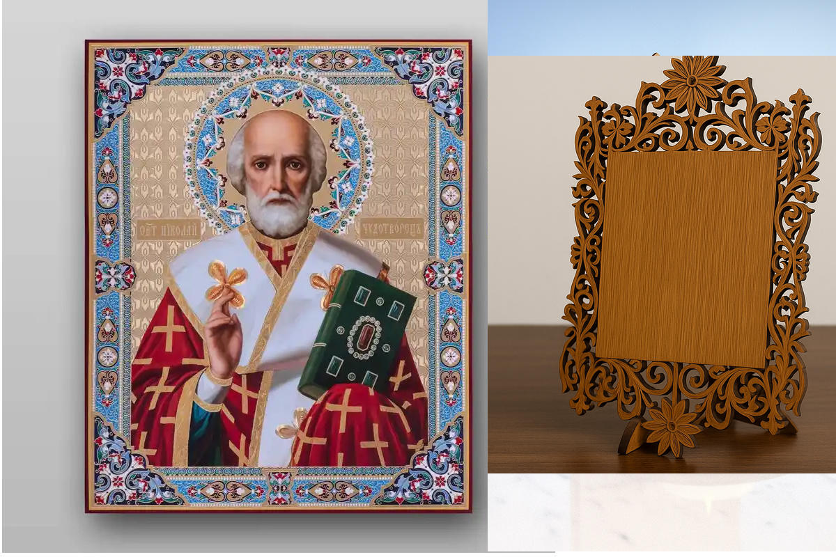 Εικόνα Ορθοδοξίας Δαντέλα μαζι με  Βάση σε  8 χρώματα με περίγραμμα χρυσό σε ξύλο Plywood (Πλακάζ)   με  βάση Εικόνα του Αγίου Νικολάου - Χειροποίητη Ελληνορθόδοξη , Κρεμαστή πλάκα βυζαντινής τέχνης, χριστιανική τέχνη Διάσταση 40x30 cm (15,8 x 11,8 ίντσες