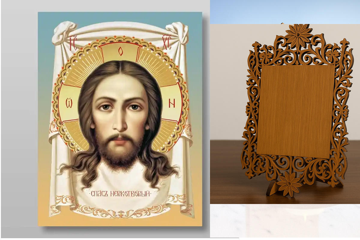 Σετ 2 τεμαχίων – Εικόνα Ορθοδοξίας Δαντέλα μαζι με  Βάση σε  8 χρώματα με περίγραμμα χρυσό σε ξύλο Plywood (Πλακάζ)   με  βάση Το Savior Not Made by Hands για Χειροποίητη Ελληνορθόδοξη , Κρεμαστή πλάκα βυζαντινής τέχνης, χριστιανική τέχνη Διάσταση 15x11 c