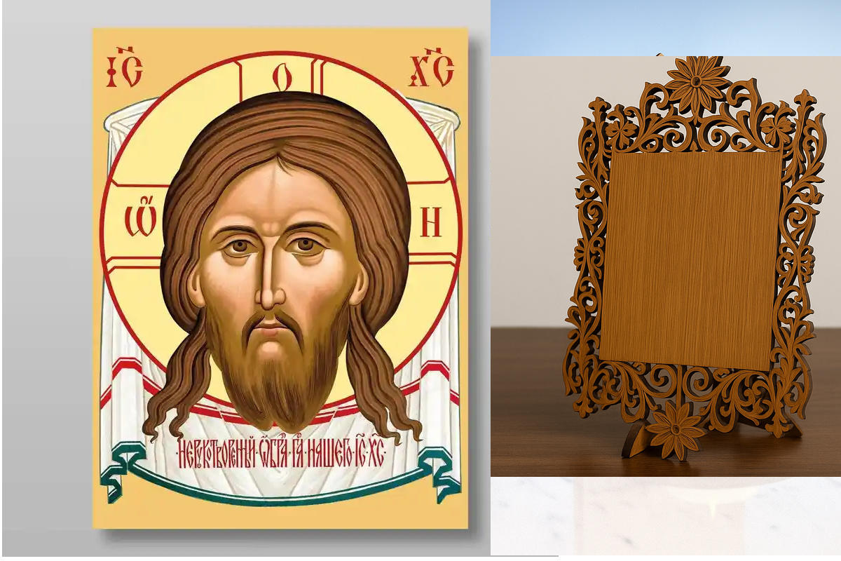 Εικόνα Ορθοδοξίας Δαντέλα μαζι με  Βάση σε  8 χρώματα με περίγραμμα χρυσό σε ξύλο Plywood (Πλακάζ)   με  βάση Το Savior Not Made by Hands για Χειροποίητη Ελληνορθόδοξη , Κρεμαστή πλάκα βυζαντινής τέχνης, χριστιανική τέχνη Διάσταση 50x40 cm (19,7 x 15,8 ίν