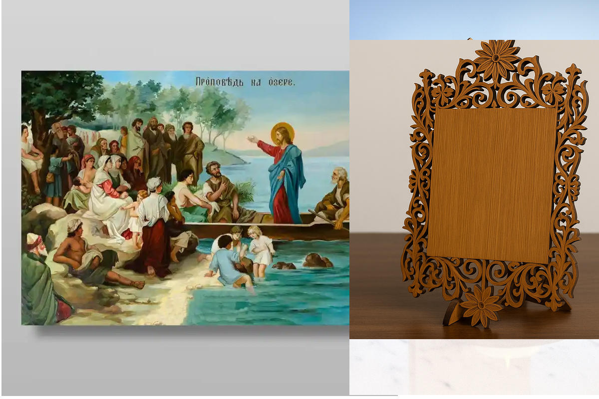 Εικόνα Ορθοδοξίας Δαντέλα μαζι με  Βάση σε  8 χρώματα με περίγραμμα χρυσό σε ξύλο Plywood (Πλακάζ)   με  βάση Κήρυγμα για τη λίμνη Χειροποίητη Ελληνορθόδοξη , Κρεμαστή πλάκα βυζαντινής τέχνης, χριστιανική τέχνη Διάσταση 40x30 cm (15,8 x 11,8 ίντσες) INTRA