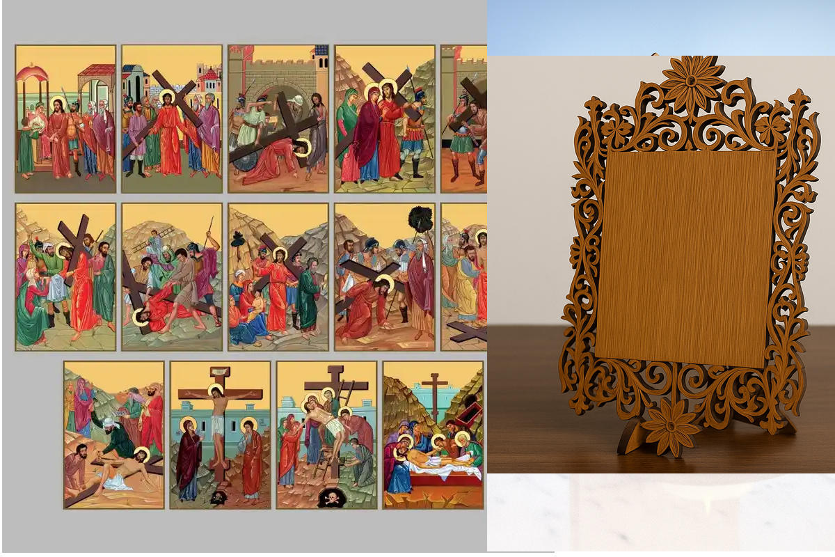Εικόνα Ορθοδοξίας Δαντέλα μαζι με  Βάση σε  8 χρώματα με περίγραμμα χρυσό σε ξύλο Plywood (Πλακάζ)   με  βάση Way of the Cross of Jesus Christ (σετ 14 εικονιδίων) Χειροποίητη Ελληνορθόδοξη , Κρεμαστή πλάκα βυζαντινής τέχνης, χριστιανική τέχνη Διάσταση 10x
