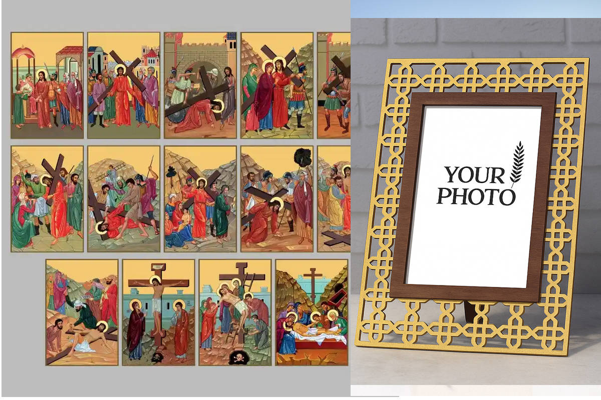 Εικόνα Ορθοδοξίας Πολυτελείας  με  σχεδιο Σταυρούς μαζι με  Βάση σε  8 χρώματα με περίγραμμα χρυσό σε ξύλο Plywood (Πλακάζ)   με  βάση Way of the Cross of Jesus Christ (σετ 14 εικονιδίων) Χειροποίητη Ελληνορθόδοξη , Κρεμαστή πλάκα βυζαντινής τέχνης, χριστ