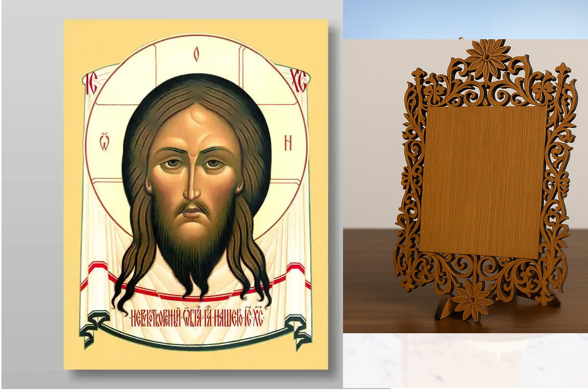 Εικόνα Ορθοδοξίας Δαντέλα μαζι με  Βάση σε  8 χρώματα με περίγραμμα χρυσό σε ξύλο Plywood (Πλακάζ)   με  βάση Το Savior Not Made by Hands για Χειροποίητη Ελληνορθόδοξη , Κρεμαστή πλάκα βυζαντινής τέχνης, χριστιανική τέχνη Διάσταση 10x7 cm (3,9 x 2,8 ίντσε