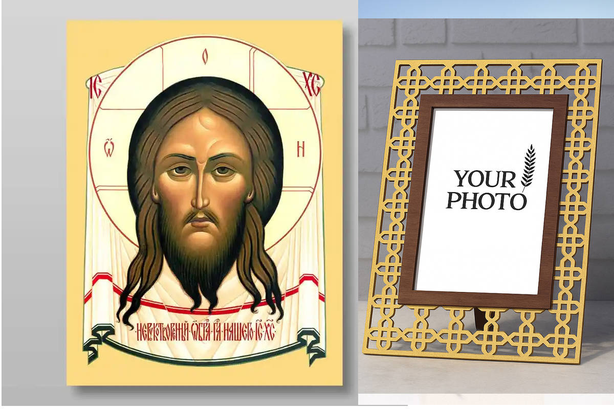 Σετ 2 τεμαχίων – Εικόνα Ορθοδοξίας Πολυτελείας  με  σχεδιο Σταυρούς μαζι με  Βάση σε  8 χρώματα με περίγραμμα χρυσό σε ξύλο Plywood (Πλακάζ)   με  βάση Το Savior Not Made by Hands για Χειροποίητη Ελληνορθόδοξη , Κρεμαστή πλάκα βυζαντινής τέχνης, χριστιανι