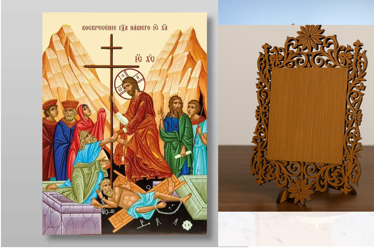 Εικόνα Ορθοδοξίας Δαντέλα μαζι με  Βάση σε  8 χρώματα με περίγραμμα χρυσό σε ξύλο Plywood (Πλακάζ)   με  βάση Ανάσταση Χριστού. Το Harrowing of Hades Χειροποίητη Ελληνορθόδοξη , Κρεμαστή πλάκα βυζαντινής τέχνης, χριστιανική τέχνη Διάσταση 10x7 cm (3,9 x 2