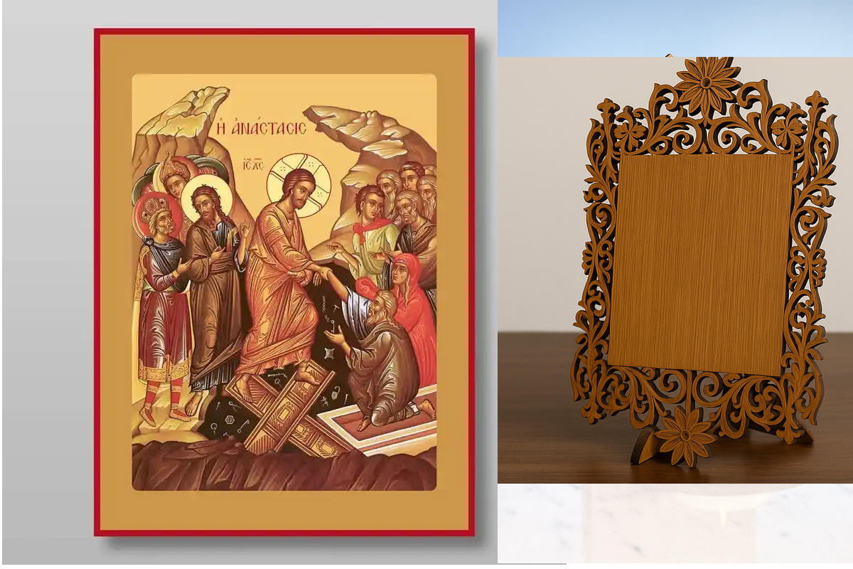 Εικόνα Ορθοδοξίας Δαντέλα μαζι με  Βάση σε  8 χρώματα με περίγραμμα χρυσό σε ξύλο Plywood (Πλακάζ)   με  βάση Ανάσταση Χριστού. Το Harrowing of Hades Χειροποίητη Ελληνορθόδοξη , Κρεμαστή πλάκα βυζαντινής τέχνης, χριστιανική τέχνη Διάσταση 50x40 cm (19,7 x