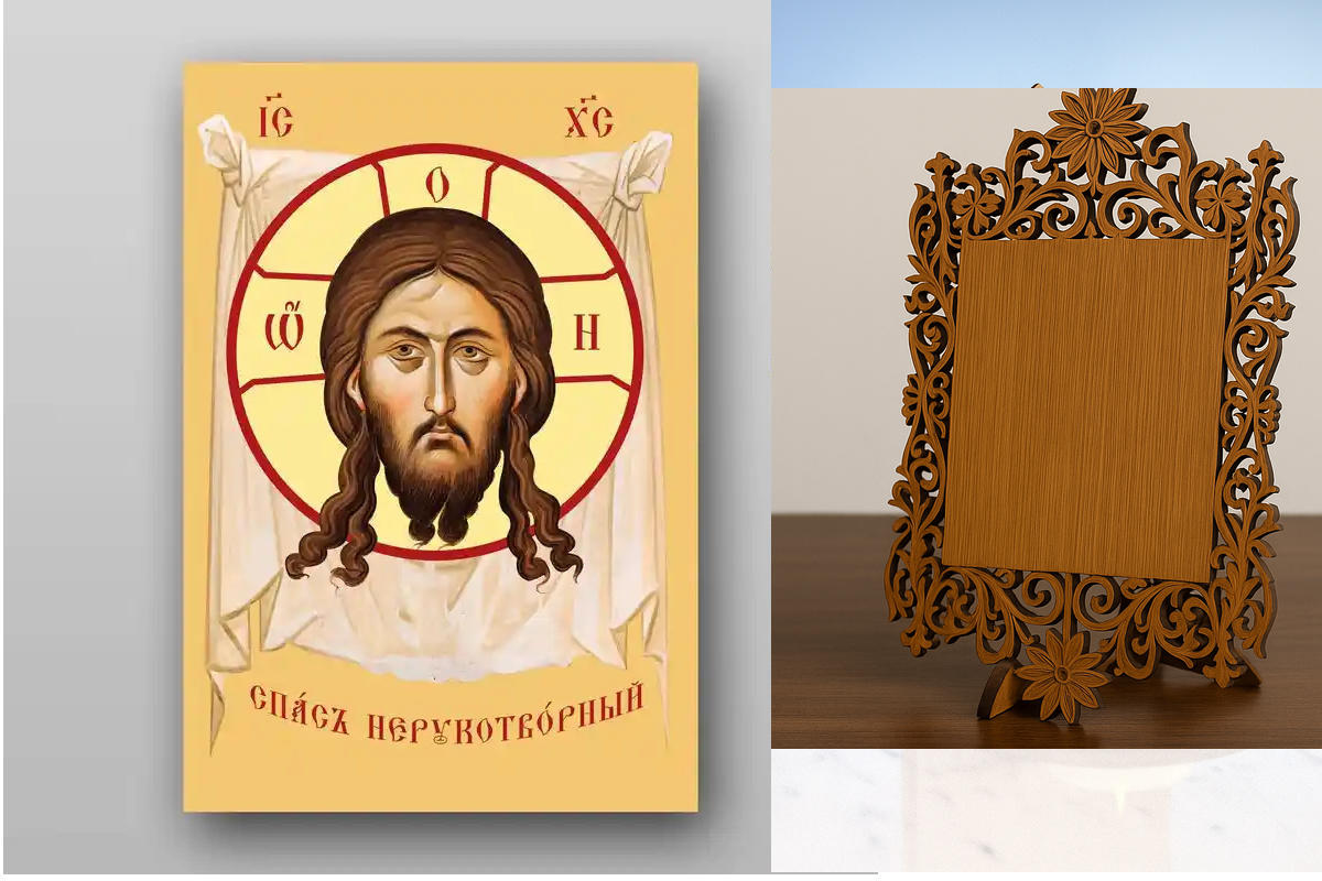 Εικόνα Ορθοδοξίας Δαντέλα μαζι με  Βάση σε  8 χρώματα με περίγραμμα χρυσό σε ξύλο Plywood (Πλακάζ)   με  βάση Το Savior Not Made by Hands Χειροποίητη Ελληνορθόδοξη , Κρεμαστή πλάκα βυζαντινής τέχνης, χριστιανική τέχνη Διάσταση 10x7 cm (3,9 x 2,8 ίντσες) I