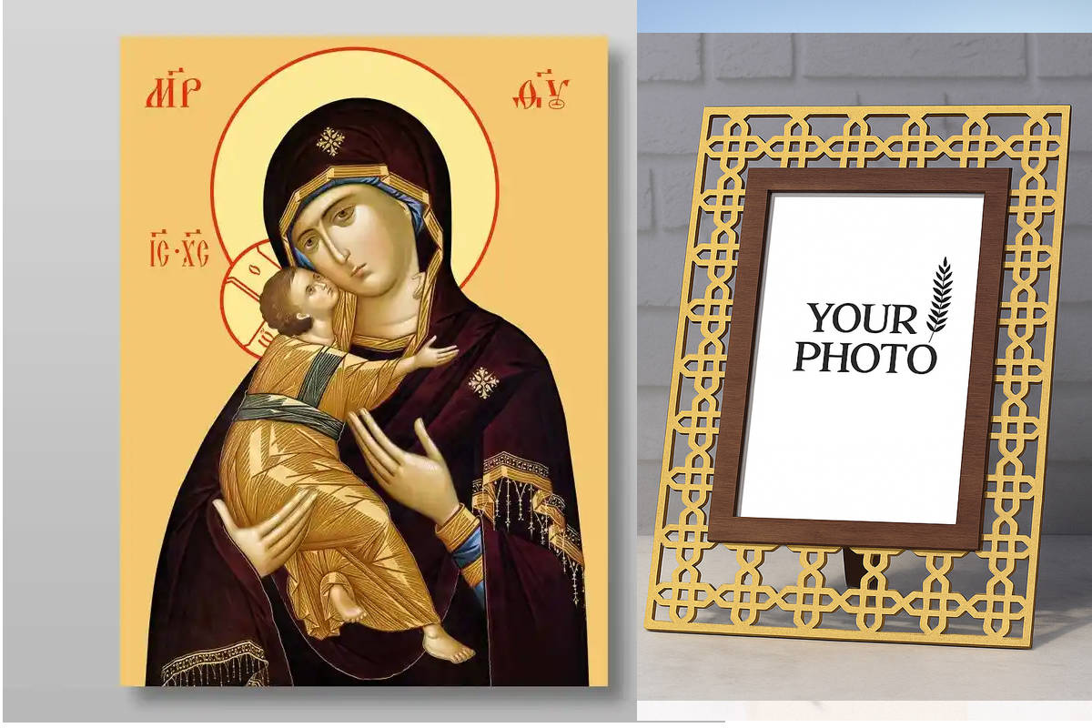 Εικόνα Ορθοδοξίας Πολυτελείας  με  σχεδιο Σταυρούς μαζι με  Βάση σε  8 χρώματα με περίγραμμα χρυσό σε ξύλο Plywood (Πλακάζ)   με  βάση Η Μητέρα του Θεού Βλαντιμίρ Χειροποίητη Ελληνορθόδοξη , Κρεμαστή πλάκα βυζαντινής τέχνης, χριστιανική τέχνη Διάσταση 40x