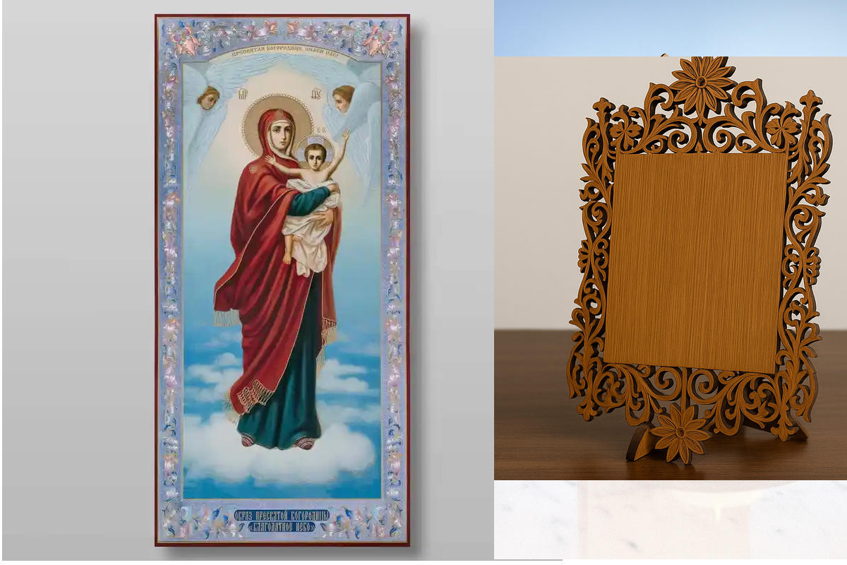 Εικόνα Ορθοδοξίας Δαντέλα μαζι με  Βάση σε  8 χρώματα με περίγραμμα χρυσό σε ξύλο Plywood (Πλακάζ)   με  βάση The Mother of God Blessed Heaven Χειροποίητη Ελληνορθόδοξη , Κρεμαστή πλάκα βυζαντινής τέχνης, χριστιανική τέχνη Διάσταση 40x30 cm (15,8 x 11,8 ί