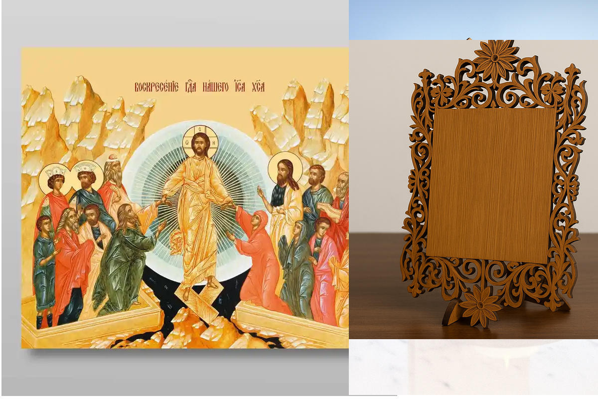 Εικόνα Ορθοδοξίας Δαντέλα μαζι με  Βάση σε  8 χρώματα με περίγραμμα χρυσό σε ξύλο Plywood (Πλακάζ)   με  βάση Ανάσταση Χριστού. Το Harrowing of Hades Χειροποίητη Ελληνορθόδοξη , Κρεμαστή πλάκα βυζαντινής τέχνης, χριστιανική τέχνη Διάσταση 50x40 cm (19,7 x