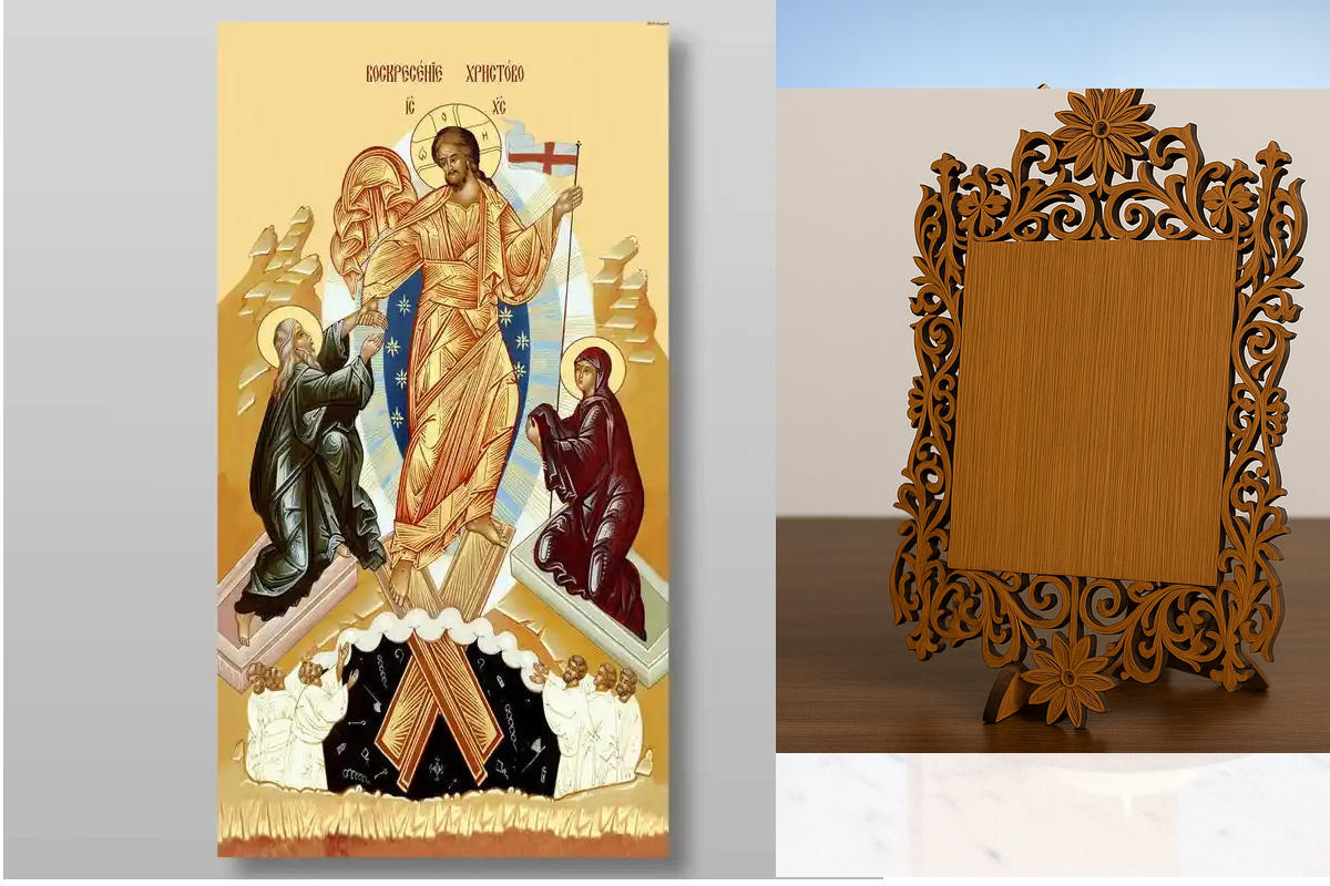 Εικόνα Ορθοδοξίας Δαντέλα μαζι με  Βάση σε  8 χρώματα με περίγραμμα χρυσό σε ξύλο Plywood (Πλακάζ)   με  βάση Ανάσταση Χριστού. Το Harrowing of Hades Χειροποίητη Ελληνορθόδοξη , Κρεμαστή πλάκα βυζαντινής τέχνης, χριστιανική τέχνη Διάσταση 50x40 cm (19,7 x