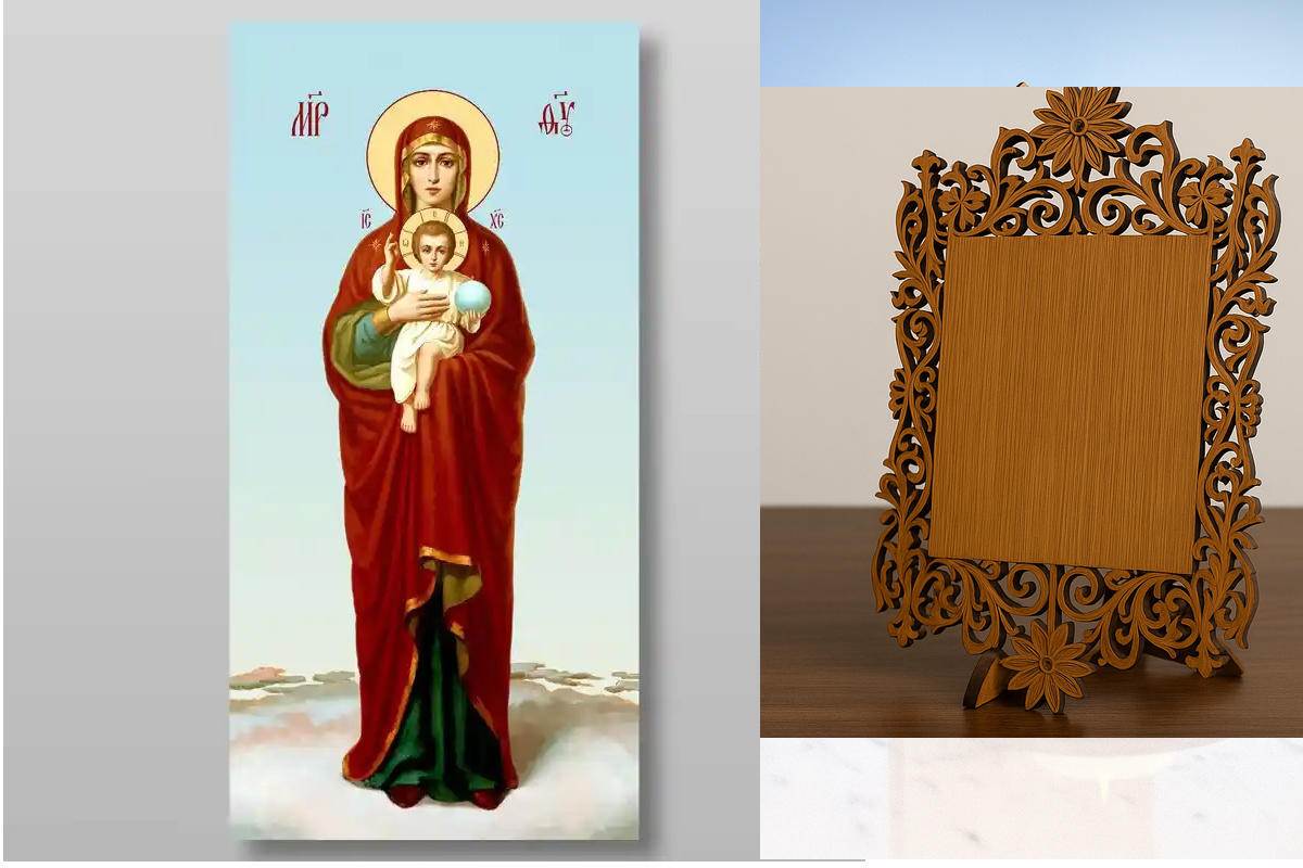 Εικόνα Ορθοδοξίας Δαντέλα μαζι με  Βάση σε  8 χρώματα με περίγραμμα χρυσό σε ξύλο Plywood (Πλακάζ)   με  βάση Η Μητέρα του Θεού Valaamskaya Χειροποίητη Ελληνορθόδοξη , Κρεμαστή πλάκα βυζαντινής τέχνης, χριστιανική τέχνη Διάσταση 40x30 cm (15,8 x 11,8 ίντσ