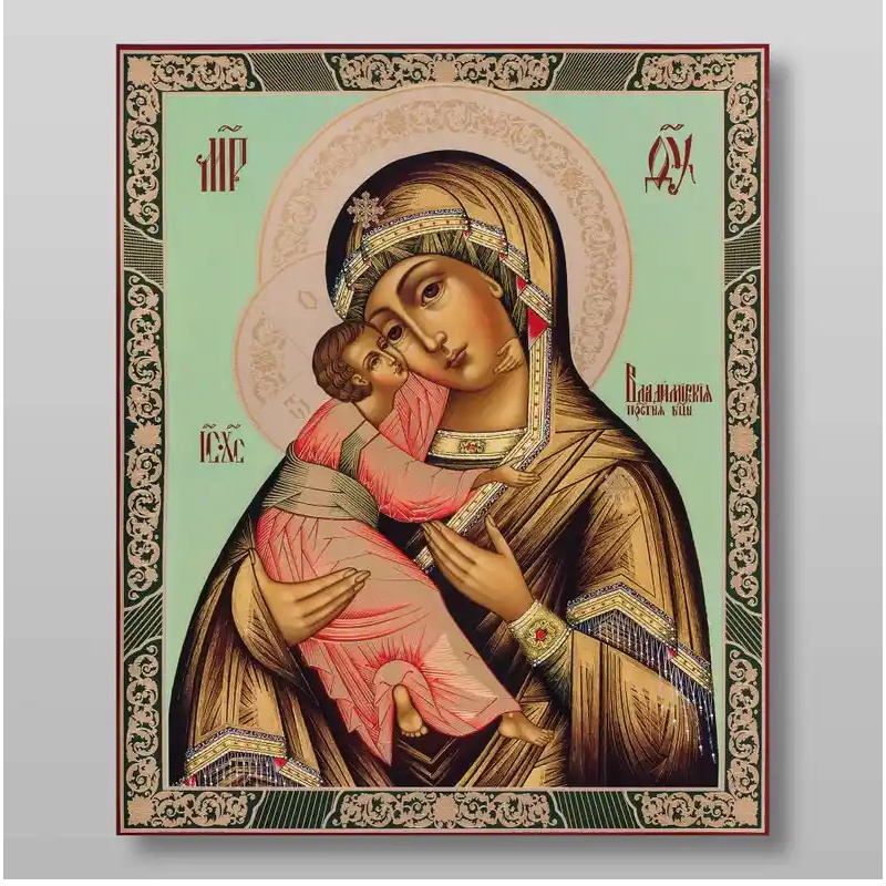 Εικόνα Ορθοδοξίας με περίγραμμα χρυσό σε ξύλο Φλαμουρίας  με  βάση Η Μητέρα του Θεού Βλαντιμίρ Χειροποίητη Ελληνορθόδοξη , Κρεμαστή πλάκα βυζαντινής τέχνης, χριστιανική τέχνη Διάσταση 10x7 cm (3,9 x 2,8 ίντσες) INTRAEK-71336