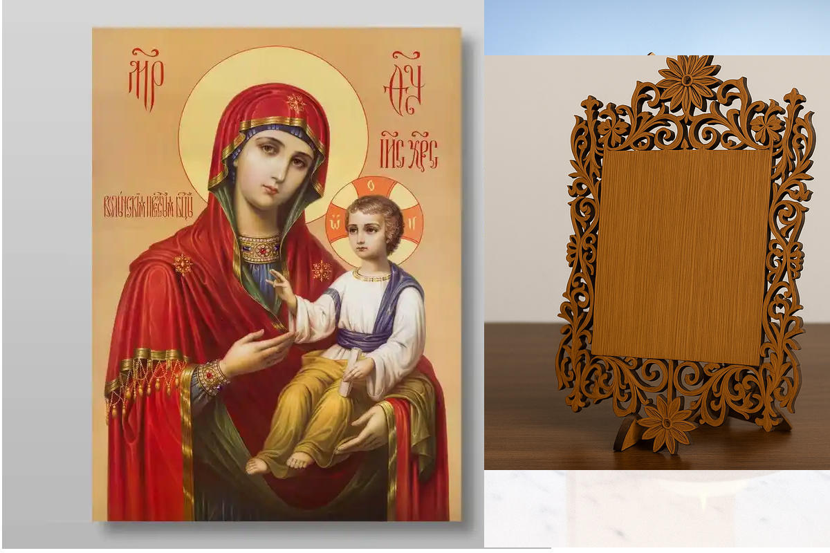 Εικόνα Ορθοδοξίας Δαντέλα μαζι με  Βάση σε  8 χρώματα με περίγραμμα χρυσό σε ξύλο Plywood (Πλακάζ)   με  βάση Η Μητέρα του Θεού Volynskaya Χειροποίητη Ελληνορθόδοξη , Κρεμαστή πλάκα βυζαντινής τέχνης, χριστιανική τέχνη Διάσταση 10x7 cm (3,9 x 2,8 ίντσες)