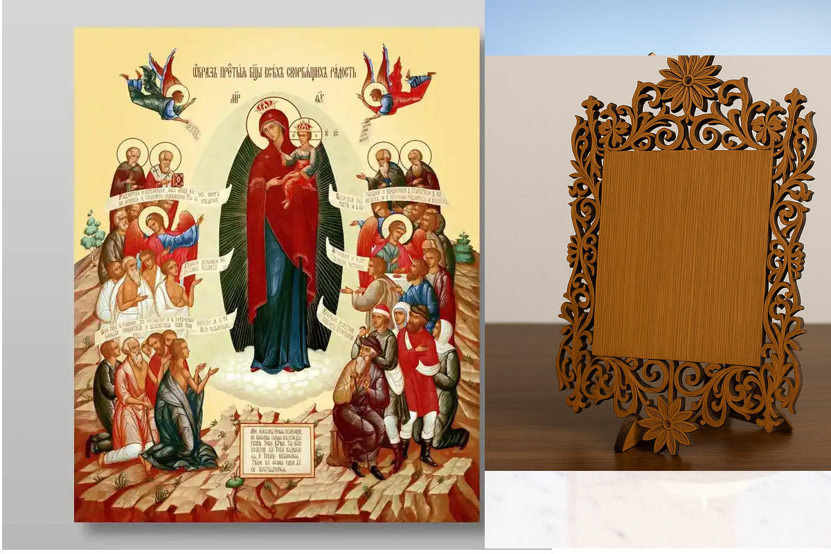 Εικόνα Ορθοδοξίας Δαντέλα μαζι με  Βάση σε  8 χρώματα με περίγραμμα χρυσό σε ξύλο Plywood (Πλακάζ)   με  βάση The Mother of God Joy of All Who Sorrow Χειροποίητη Ελληνορθόδοξη , Κρεμαστή πλάκα βυζαντινής τέχνης, χριστιανική τέχνη Διάσταση 10x7 cm (3,9 x 2