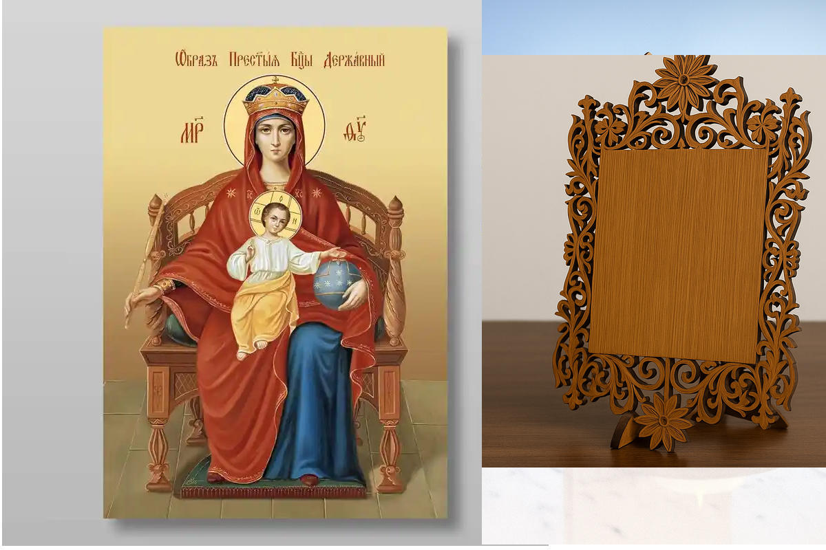 Εικόνα Ορθοδοξίας Δαντέλα μαζι με  Βάση σε  8 χρώματα με περίγραμμα χρυσό σε ξύλο Plywood (Πλακάζ)   με  βάση Εικόνα της Θεοτόκου της βασιλεύουσας Χειροποίητη Ελληνορθόδοξη , Κρεμαστή πλάκα βυζαντινής τέχνης, χριστιανική τέχνη Διάσταση 10x7 cm (3,9 x 2,8