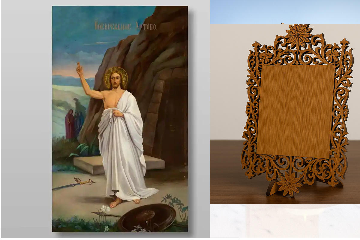 Εικόνα Ορθοδοξίας Δαντέλα μαζι με  Βάση σε  8 χρώματα με περίγραμμα χρυσό σε ξύλο Plywood (Πλακάζ)   με  βάση Ανάσταση του Χριστού Χειροποίητη Ελληνορθόδοξη , Κρεμαστή πλάκα βυζαντινής τέχνης, χριστιανική τέχνη Διάσταση 50x40 cm (19,7 x 15,8 ίντσες) INTRA