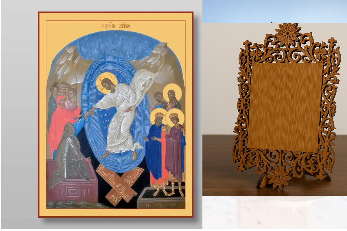 Εικόνα Ορθοδοξίας Δαντέλα μαζι με  Βάση σε  8 χρώματα με περίγραμμα χρυσό σε ξύλο Plywood (Πλακάζ)   με  βάση Ανάσταση Χριστού. Το Harrowing of Hades Χειροποίητη Ελληνορθόδοξη , Κρεμαστή πλάκα βυζαντινής τέχνης, χριστιανική τέχνη Διάσταση 10x7 cm (3,9 x 2