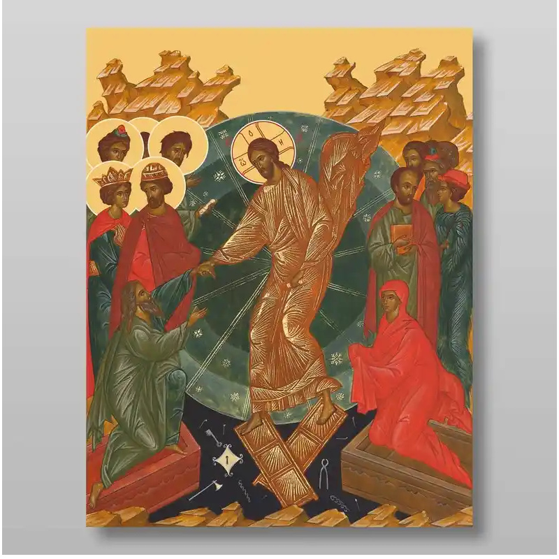 Εικόνα Ορθοδοξίας με περίγραμμα χρυσό σε ξύλο Φλαμουρίας  με  βάση Ανάσταση Χριστού. Το Harrowing of Hades Χειροποίητη Ελληνορθόδοξη , Κρεμαστή πλάκα βυζαντινής τέχνης, χριστιανική τέχνη Διάσταση 10x7 cm (3,9 x 2,8 ίντσες) INTRAEK-7955