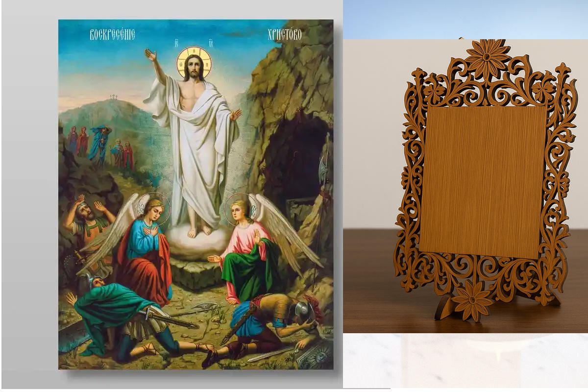 Εικόνα Ορθοδοξίας Δαντέλα μαζι με  Βάση σε  8 χρώματα με περίγραμμα χρυσό σε ξύλο Plywood (Πλακάζ)   με  βάση Ανάσταση του Χριστού Χειροποίητη Ελληνορθόδοξη , Κρεμαστή πλάκα βυζαντινής τέχνης, χριστιανική τέχνη Διάσταση 50x40 cm (19,7 x 15,8 ίντσες) INTRA