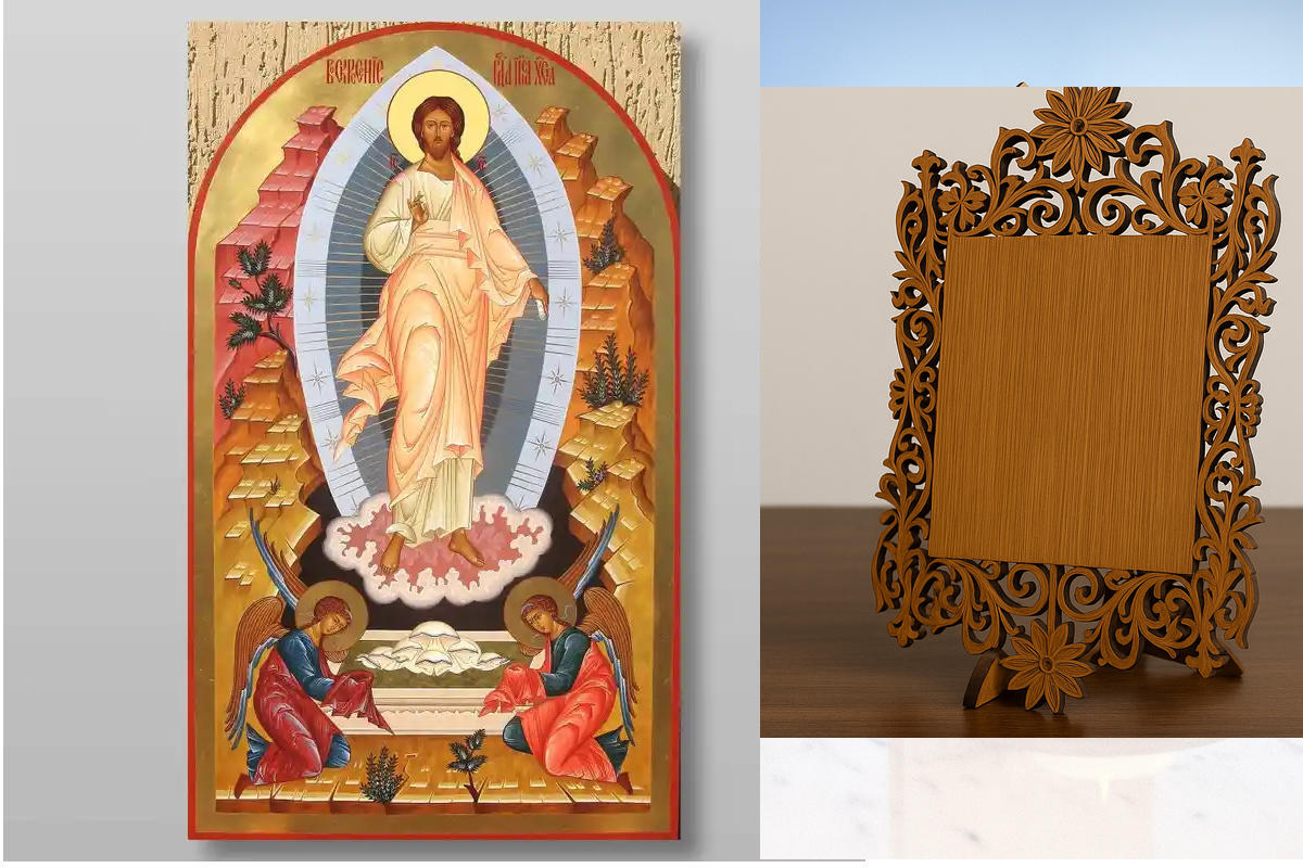 Εικόνα Ορθοδοξίας Δαντέλα μαζι με  Βάση σε  8 χρώματα με περίγραμμα χρυσό σε ξύλο Plywood (Πλακάζ)   με  βάση Ανάσταση του Χριστού Χειροποίητη Ελληνορθόδοξη , Κρεμαστή πλάκα βυζαντινής τέχνης, χριστιανική τέχνη Διάσταση 40x30 cm (15,8 x 11,8 ίντσες) INTRA