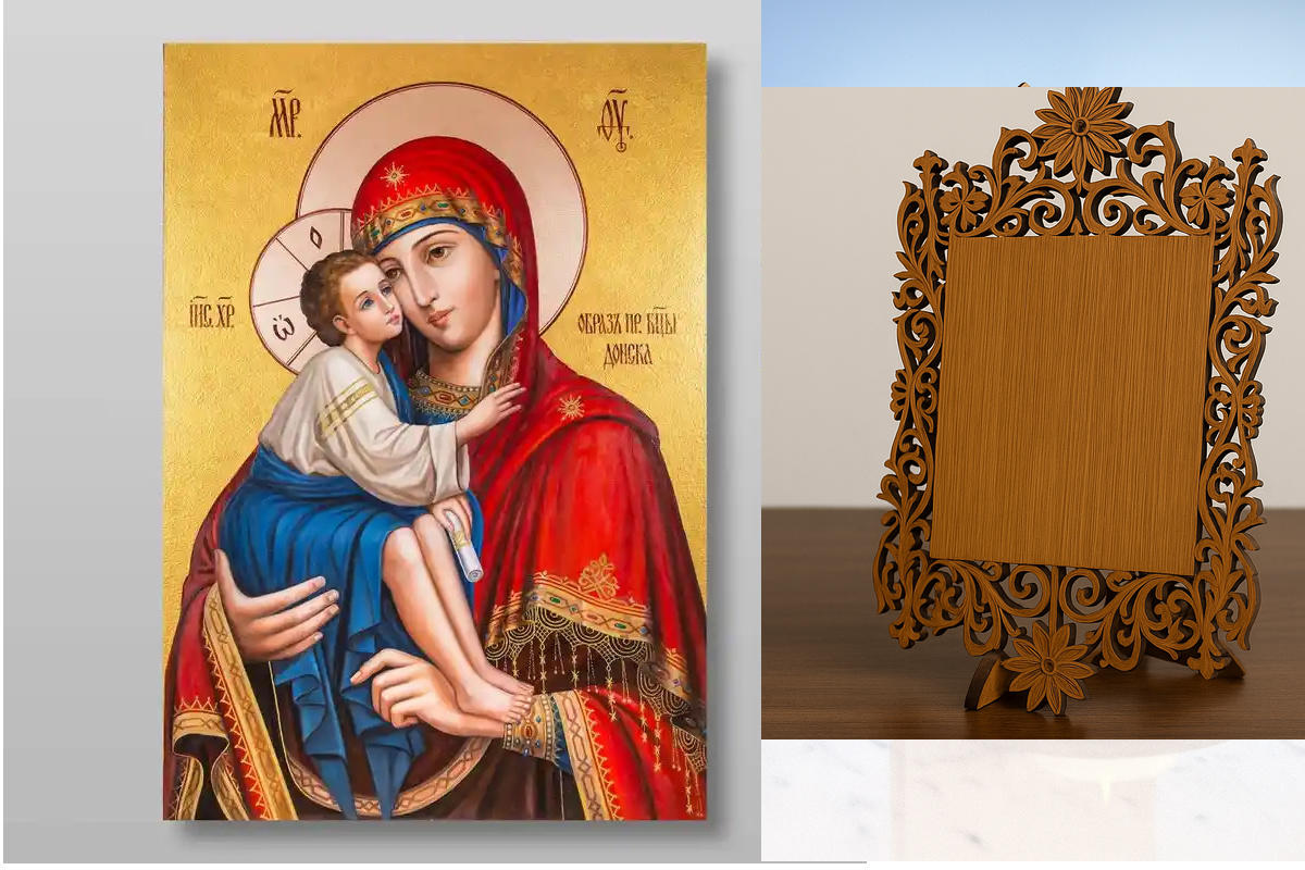 Εικόνα Ορθοδοξίας Δαντέλα μαζι με  Βάση σε  8 χρώματα με περίγραμμα χρυσό σε ξύλο Plywood (Πλακάζ)   με  βάση Εικόνα της Μητέρας του Θεού Donskaya Χειροποίητη Ελληνορθόδοξη , Κρεμαστή πλάκα βυζαντινής τέχνης, χριστιανική τέχνη Διάσταση 40x30 cm (15,8 x 11