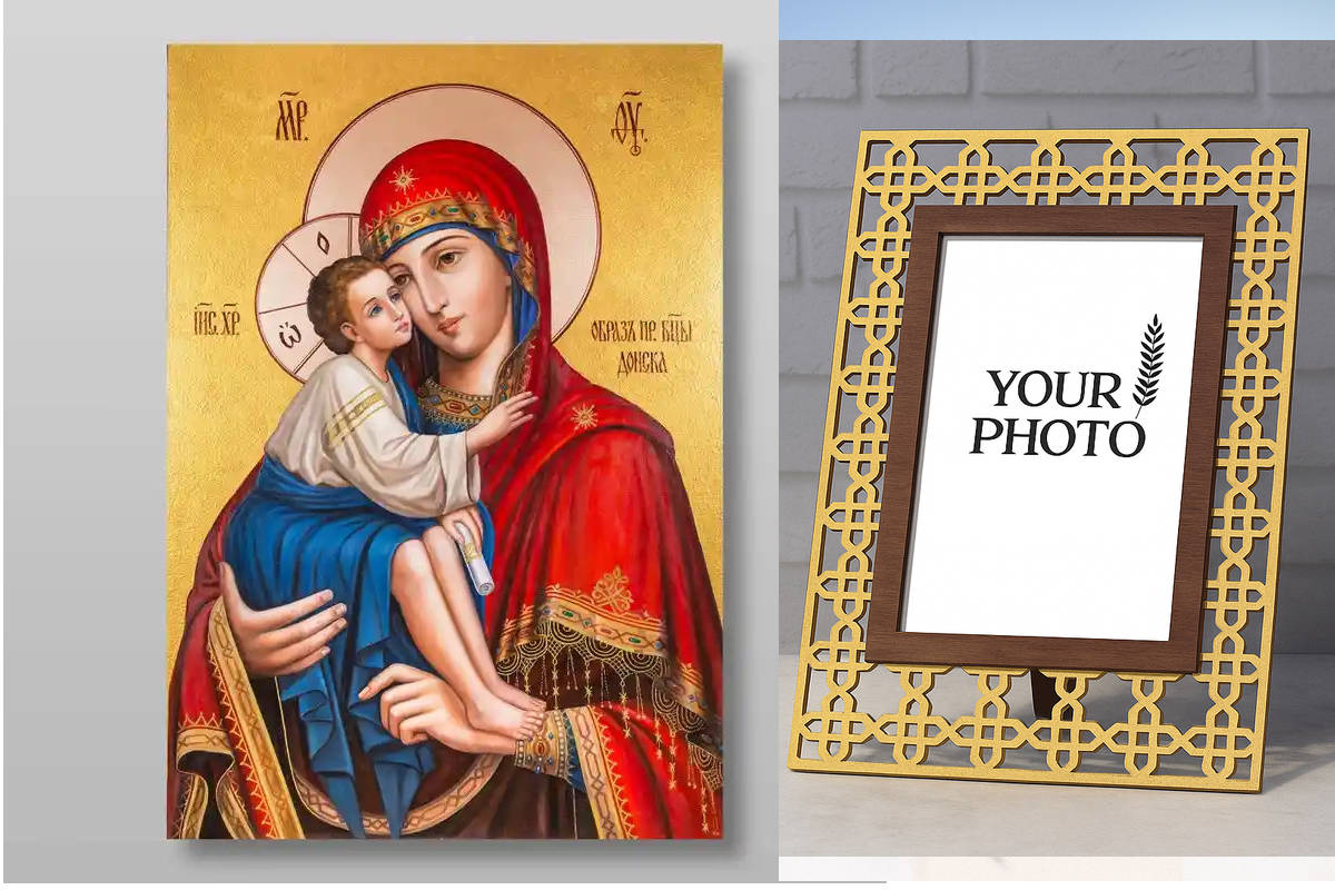 Σετ 2 τεμαχίων – Εικόνα Ορθοδοξίας Πολυτελείας  με  σχεδιο Σταυρούς μαζι με  Βάση σε  8 χρώματα με περίγραμμα χρυσό σε ξύλο Plywood (Πλακάζ)   με  βάση Εικόνα της Μητέρας του Θεού Donskaya Χειροποίητη Ελληνορθόδοξη , Κρεμαστή πλάκα βυζαντινής τέχνης, χρισ