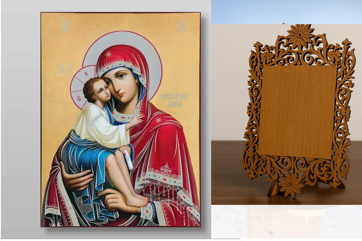 Εικόνα Ορθοδοξίας Δαντέλα μαζι με  Βάση σε  8 χρώματα με περίγραμμα χρυσό σε ξύλο Plywood (Πλακάζ)   με  βάση Εικόνα της Μητέρας του Θεού Donskaya Χειροποίητη Ελληνορθόδοξη , Κρεμαστή πλάκα βυζαντινής τέχνης, χριστιανική τέχνη Διάσταση 10x7 cm (3,9 x 2,8