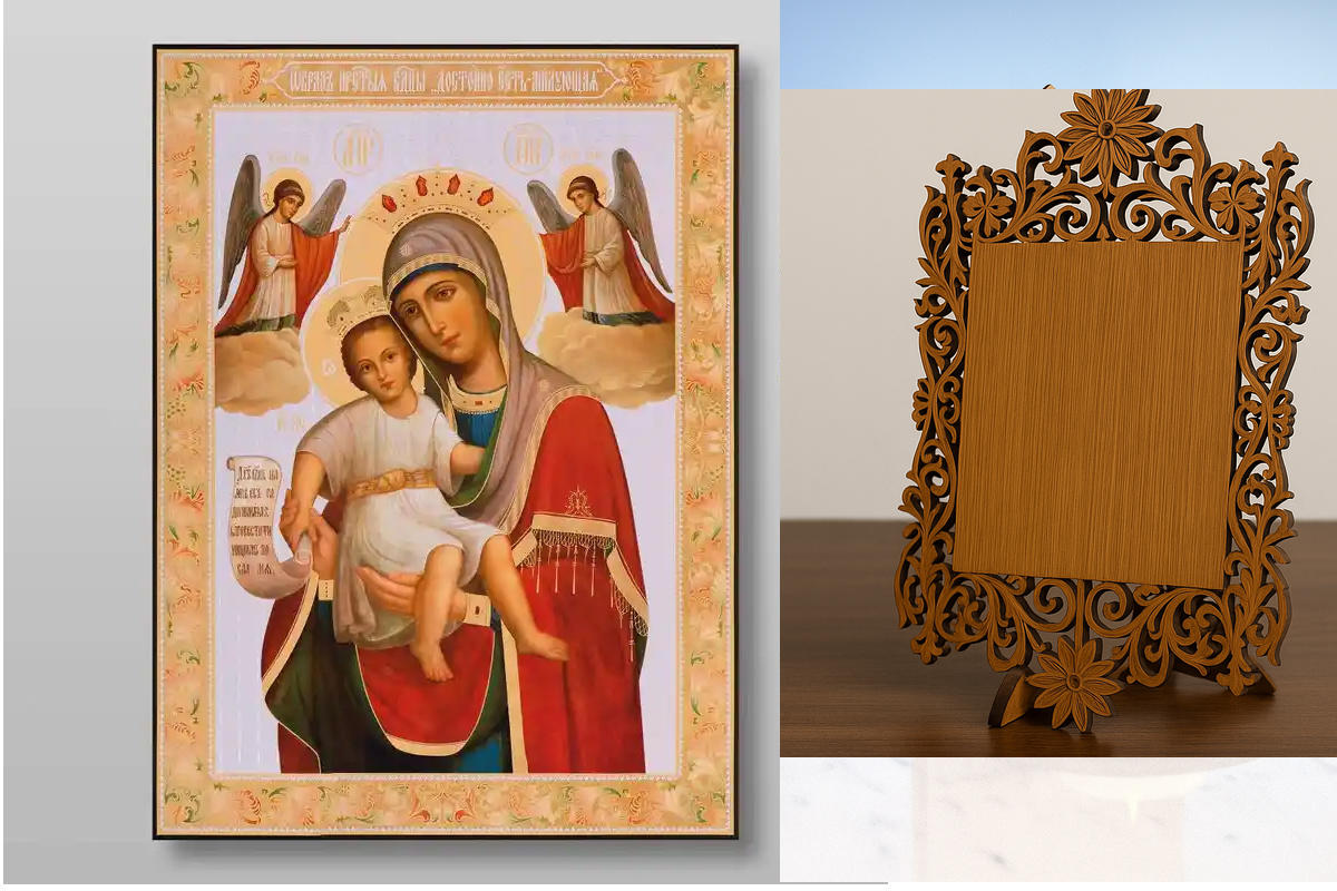 Εικόνα Ορθοδοξίας Δαντέλα μαζι με  Βάση σε  8 χρώματα με περίγραμμα χρυσό σε ξύλο Plywood (Πλακάζ)   με  βάση Εικόνα της Μητέρας του Θεού It is Truly Meet Χειροποίητη Ελληνορθόδοξη , Κρεμαστή πλάκα βυζαντινής τέχνης, χριστιανική τέχνη Διάσταση 50x40 cm (1
