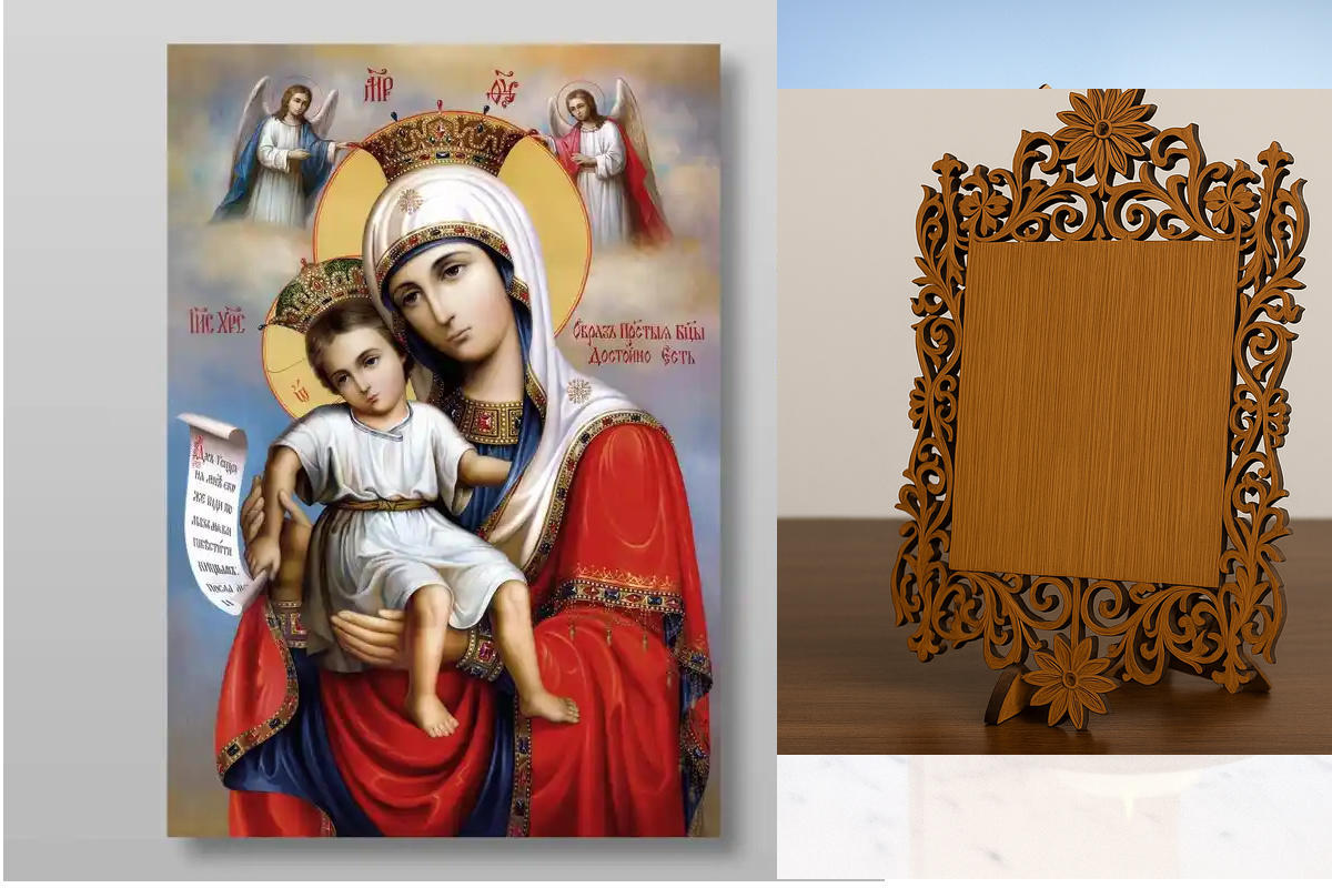 Σετ 2 τεμαχίων – Εικόνα Ορθοδοξίας Δαντέλα μαζι με  Βάση σε  8 χρώματα με περίγραμμα χρυσό σε ξύλο Plywood (Πλακάζ)   με  βάση Εικόνα της Μητέρας του Θεού It is Truly Meet Χειροποίητη Ελληνορθόδοξη , Κρεμαστή πλάκα βυζαντινής τέχνης, χριστιανική τέχνη Διά