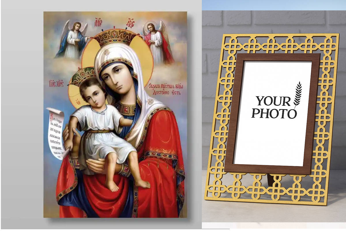 Σετ 2 τεμαχίων – Εικόνα Ορθοδοξίας Πολυτελείας  με  σχεδιο Σταυρούς μαζι με  Βάση σε  8 χρώματα με περίγραμμα χρυσό σε ξύλο Plywood (Πλακάζ)   με  βάση Εικόνα της Μητέρας του Θεού It is Truly Meet Χειροποίητη Ελληνορθόδοξη , Κρεμαστή πλάκα βυζαντινής τέχν