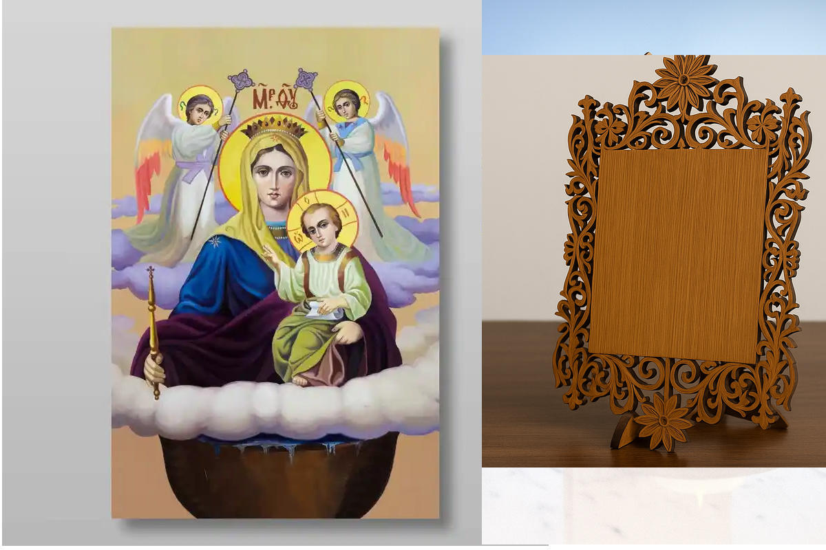 Εικόνα Ορθοδοξίας Δαντέλα μαζι με  Βάση σε  8 χρώματα με περίγραμμα χρυσό σε ξύλο Plywood (Πλακάζ)   με  βάση Εικόνα της Θεοτόκου Ζωοδόχου Πηγής Χειροποίητη Ελληνορθόδοξη , Κρεμαστή πλάκα βυζαντινής τέχνης, χριστιανική τέχνη Διάσταση 50x40 cm (19,7 x 15,8
