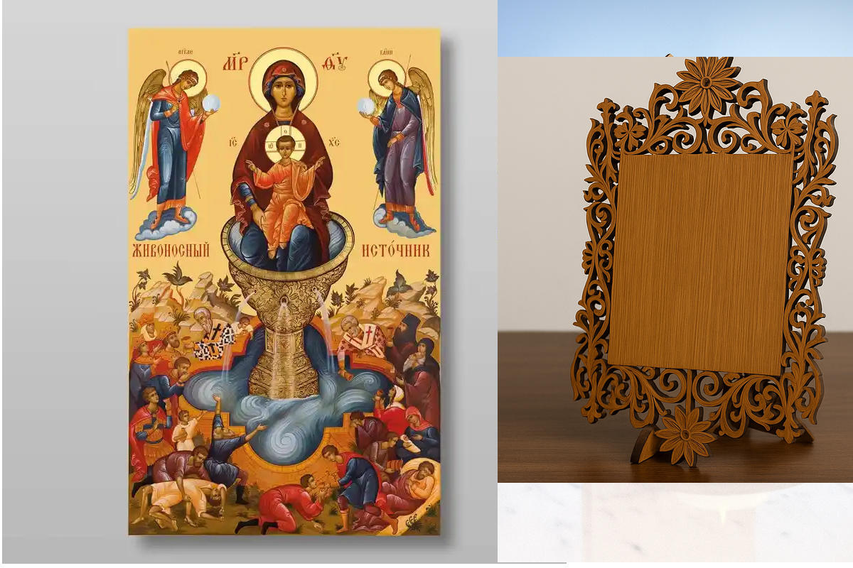 Εικόνα Ορθοδοξίας Δαντέλα μαζι με  Βάση σε  8 χρώματα με περίγραμμα χρυσό σε ξύλο Plywood (Πλακάζ)   με  βάση Εικόνα της Θεοτόκου Ζωοδόχου Πηγής Χειροποίητη Ελληνορθόδοξη , Κρεμαστή πλάκα βυζαντινής τέχνης, χριστιανική τέχνη Διάσταση 10x7 cm (3,9 x 2,8 ίν