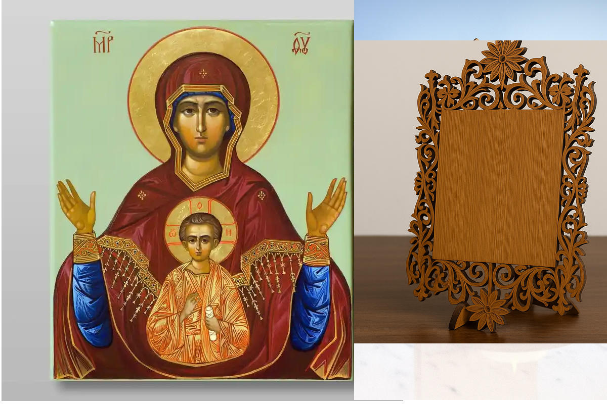 Εικόνα Ορθοδοξίας Δαντέλα μαζι με  Βάση σε  8 χρώματα με περίγραμμα χρυσό σε ξύλο Plywood (Πλακάζ)   με  βάση Εικόνα της Μητέρας του Θεού, του Σημαδίου Χειροποίητη Ελληνορθόδοξη , Κρεμαστή πλάκα βυζαντινής τέχνης, χριστιανική τέχνη Διάσταση 10x7 cm (3,9 x