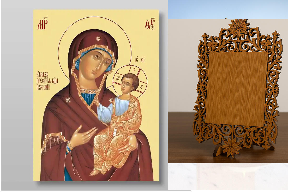 Εικόνα Ορθοδοξίας Δαντέλα μαζι με  Βάση σε  8 χρώματα με περίγραμμα χρυσό σε ξύλο Plywood (Πλακάζ)   με  βάση Εικόνα της Θεοτόκου Ιβήρων Χειροποίητη Ελληνορθόδοξη , Κρεμαστή πλάκα βυζαντινής τέχνης, χριστιανική τέχνη Διάσταση 10x7 cm (3,9 x 2,8 ίντσες) IN