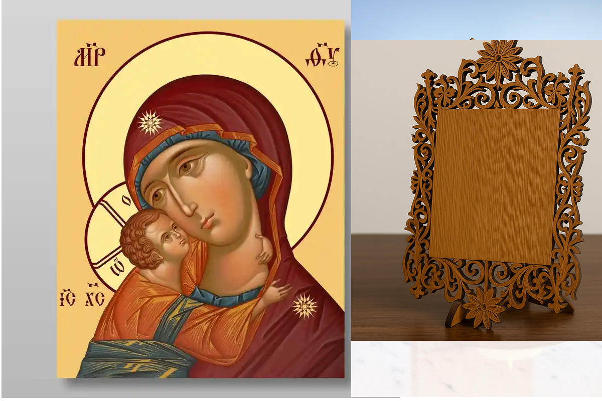 Εικόνα Ορθοδοξίας Δαντέλα μαζι με  Βάση σε  8 χρώματα με περίγραμμα χρυσό σε ξύλο Plywood (Πλακάζ)   με  βάση Igorevskaya Εικόνα της Μητέρας του Θεού Χειροποίητη Ελληνορθόδοξη , Κρεμαστή πλάκα βυζαντινής τέχνης, χριστιανική τέχνη Διάσταση 10x7 cm (3,9 x 2