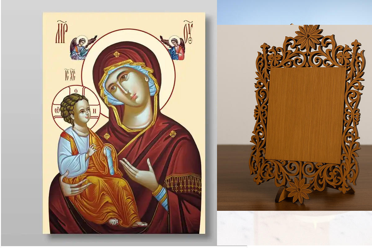Εικόνα Ορθοδοξίας Δαντέλα μαζι με  Βάση σε  8 χρώματα με περίγραμμα χρυσό σε ξύλο Plywood (Πλακάζ)   με  βάση Εικόνα της Θεοτόκου της Ιερουσαλήμ Χειροποίητη Ελληνορθόδοξη , Κρεμαστή πλάκα βυζαντινής τέχνης, χριστιανική τέχνη Διάσταση 50x40 cm (19,7 x 15,8