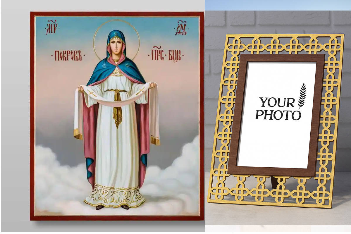 Εικόνα Ορθοδοξίας Πολυτελείας  με  σχεδιο Σταυρούς μαζι με  Βάση σε  8 χρώματα με περίγραμμα χρυσό σε ξύλο Plywood (Πλακάζ)   με  βάση Εικόνα της Μητέρας του Θεού Pokrov Χειροποίητη Ελληνορθόδοξη , Κρεμαστή πλάκα βυζαντινής τέχνης, χριστιανική τέχνη Διάστ