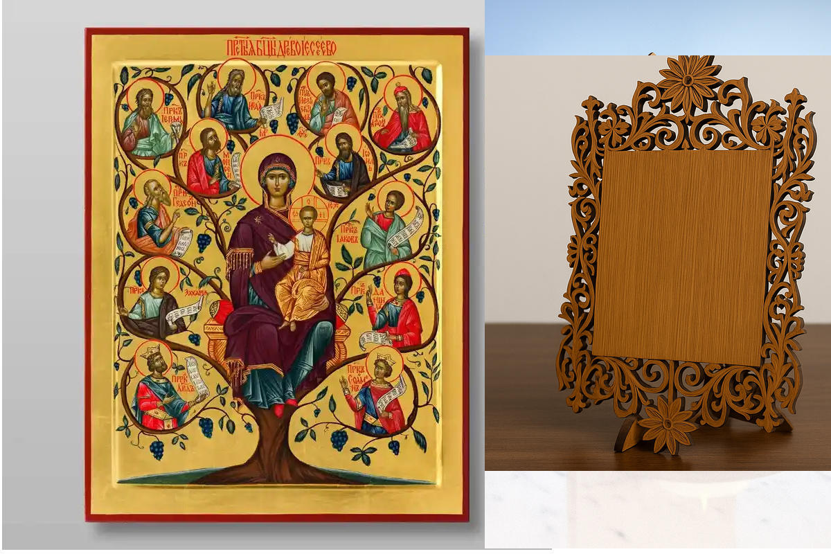 Εικόνα Ορθοδοξίας Δαντέλα μαζι με  Βάση σε  8 χρώματα με περίγραμμα χρυσό σε ξύλο Plywood (Πλακάζ)   με  βάση Εικόνα της Μητέρας του Θεού δέντρου του Ιεσσαί Χειροποίητη Ελληνορθόδοξη , Κρεμαστή πλάκα βυζαντινής τέχνης, χριστιανική τέχνη Διάσταση 40x30 cm