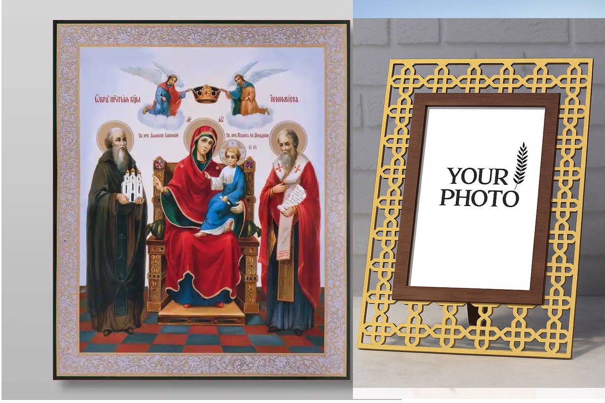 Εικόνα Ορθοδοξίας Πολυτελείας  με  σχεδιο Σταυρούς μαζι με  Βάση σε  8 χρώματα με περίγραμμα χρυσό σε ξύλο Plywood (Πλακάζ)   με  βάση Η Οικονομίσσα (ή Αεροσυνοδός) Εικόνα της Υπεραγίας Θεοτόκου Χειροποίητη Ελληνορθόδοξη , Κρεμαστή πλάκα βυζαντινής τέχνης