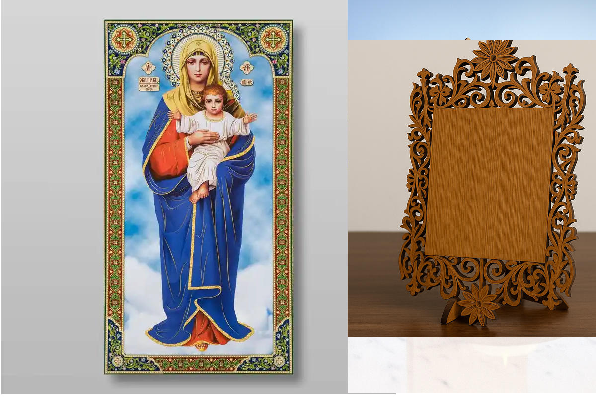 Εικόνα Ορθοδοξίας Δαντέλα μαζι με  Βάση σε  8 χρώματα με περίγραμμα χρυσό σε ξύλο Plywood (Πλακάζ)   με  βάση The Mother of God Blessed Heaven Χειροποίητη Ελληνορθόδοξη , Κρεμαστή πλάκα βυζαντινής τέχνης, χριστιανική τέχνη Διάσταση 50x40 cm (19,7 x 15,8 ί