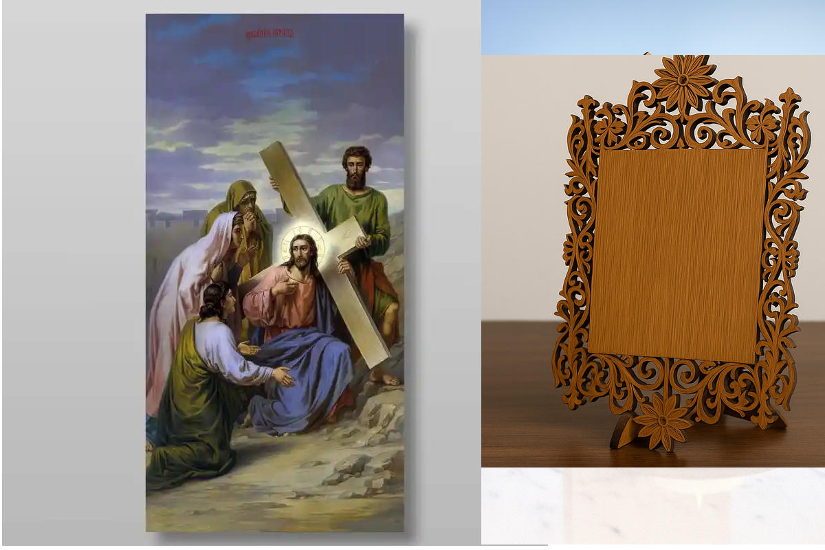 Εικόνα Ορθοδοξίας Δαντέλα μαζι με  Βάση σε  8 χρώματα με περίγραμμα χρυσό σε ξύλο Plywood (Πλακάζ)   με  βάση Μεταφέροντας τον Σταυρό Χειροποίητη Ελληνορθόδοξη , Κρεμαστή πλάκα βυζαντινής τέχνης, χριστιανική τέχνη Διάσταση 40x30 cm (15,8 x 11,8 ίντσες) IN